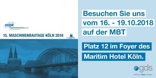 Das gds-Team freut sich auf Ihren Besuch auf der MBT im Maritim Hotel Köln - vom 16.-19.11.2018 an Platz 12 in der Ausstellung im Foyer